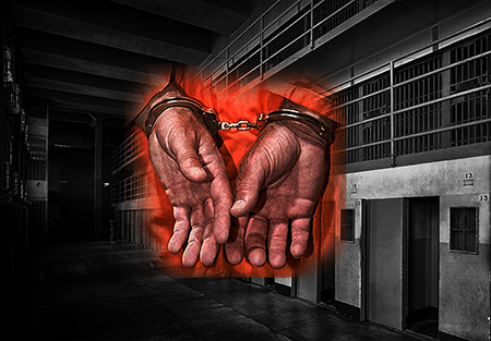 Handcuffed hands superimposed over prison cells