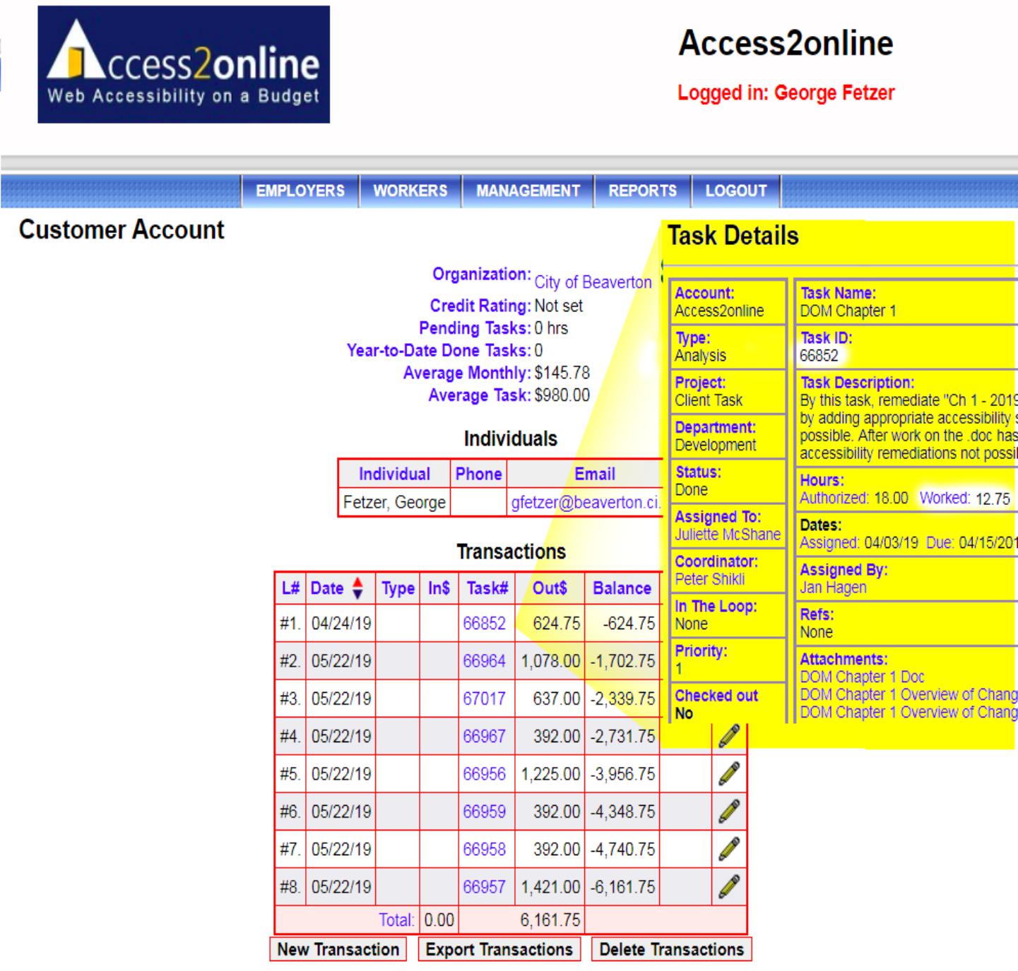 customer account summary example with dates, task numbers, costs, balances and edit task option