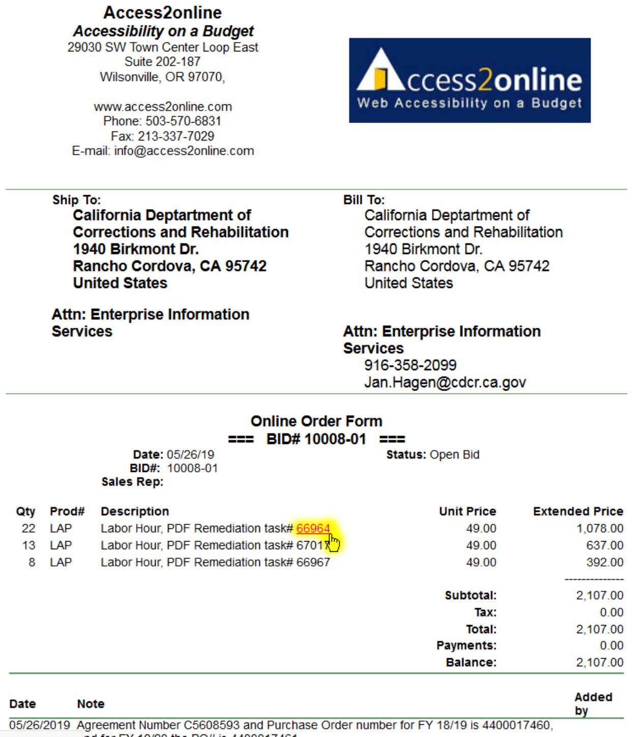 A screenshot of an example of an invoice from Access2online.