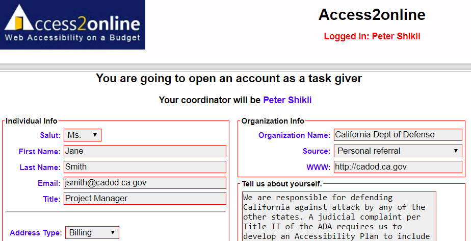 new account sign-up example form includes name, email, address, organization and info about yourself