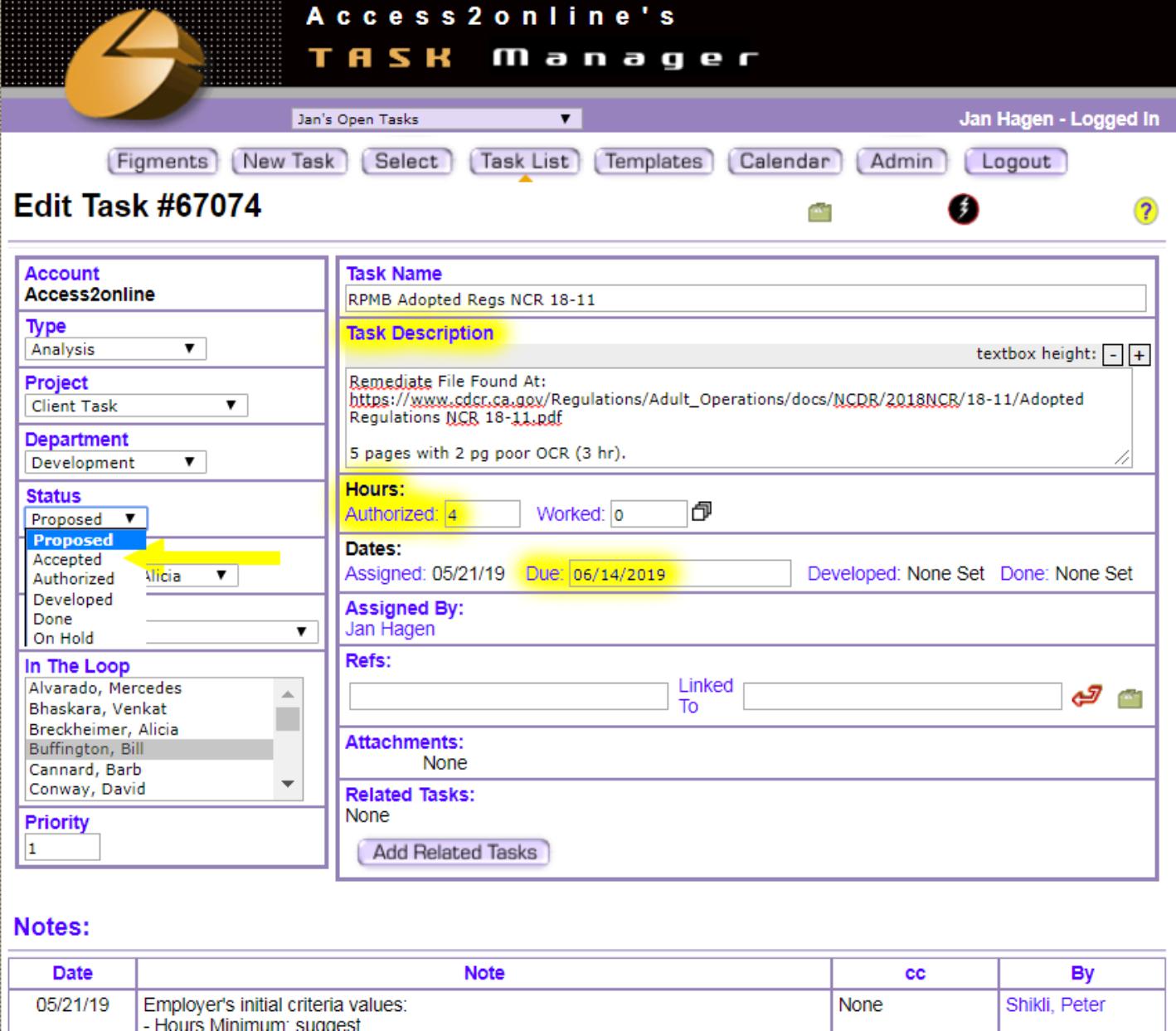 example pretask form for task name, description, hours, cost, and due date.