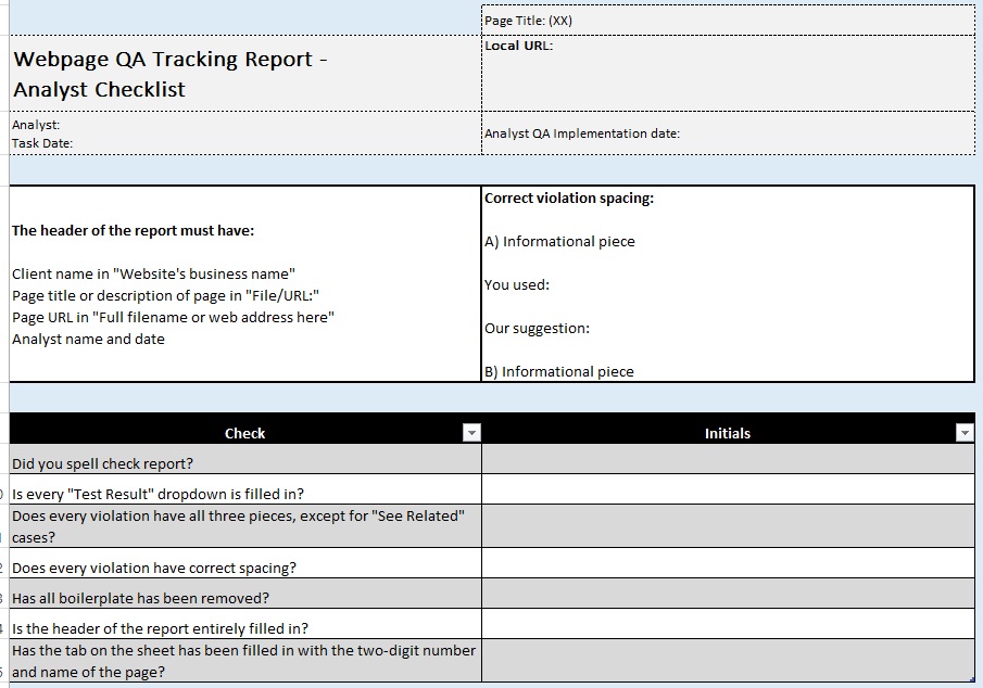 Screenshot of the analyst's Excel quality assurance website ticket checklist.