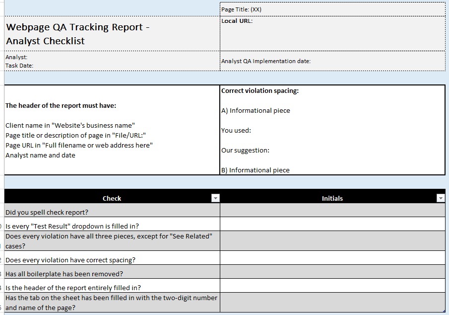 Screenshot of the analyst's Excel QA results ticket.