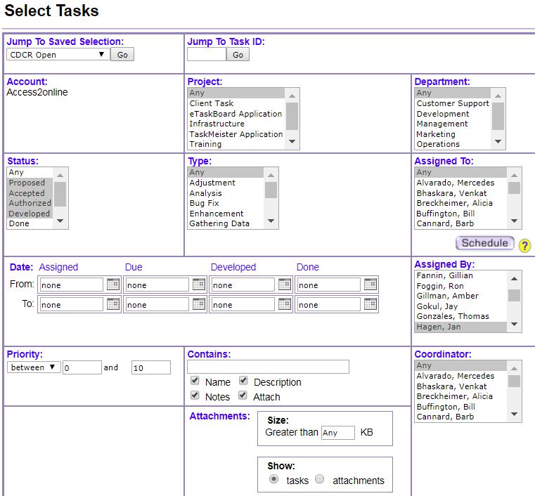 Screenshot of the task select form in eTaskBoard.
