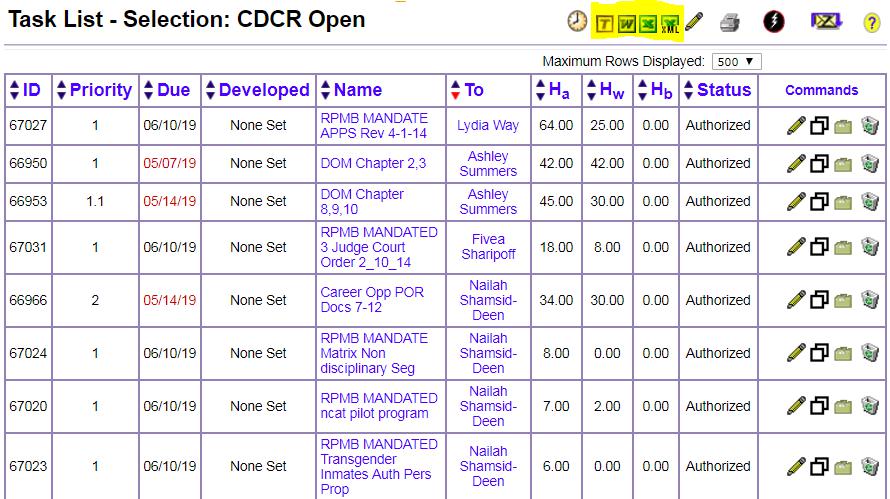 Screenshot of the table of tasks open in a customer's account.